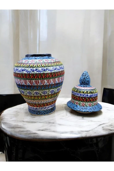 sharpart  Otantik Desenli Orta Boy El Yapımı Ve El Desenli Klasik Çini Vazo (27 CM) - Resim 2