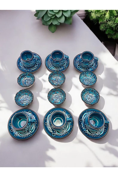 sharpart Sharp&art 6 Kişilik Mavi Ve Yeşil, El Işlemesi Kabartma Desenli Kahve Fincanı Ve Lokum Kasesi - 4