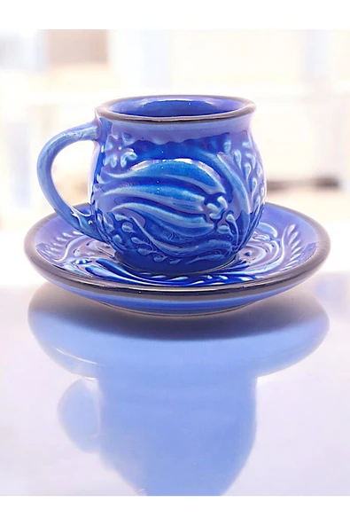 sharpart Sharp&art 2 Kişilik Mavi Ve Yeşil, El Işlemesi Kabartma Desenli Kahve Fincanı Ve Lokum Kasesi - 2