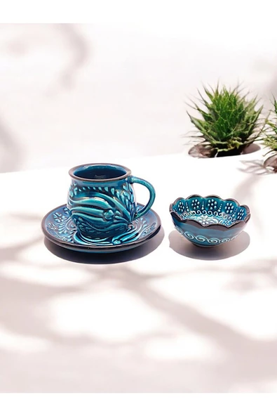 sharpart Sharp&art 2 Kişilik Mavi Ve Yeşil, El Işlemesi Kabartma Desenli Kahve Fincanı Ve Lokum Kasesi - 2