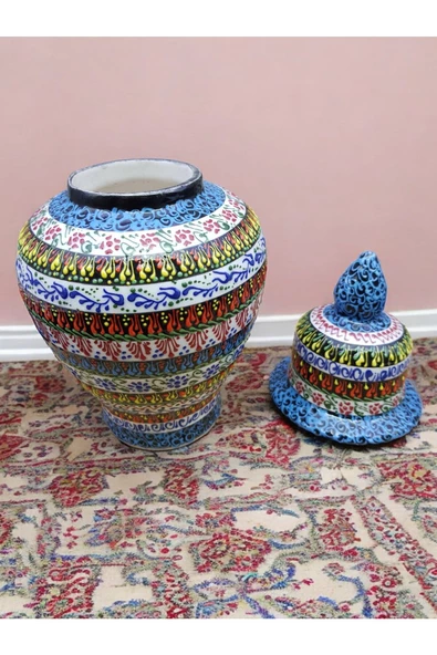 sharpart  Otantik Desenli Orta Boy El Yapımı Ve El Desenli Klasik Çini Vazo (27 CM) - Resim 6