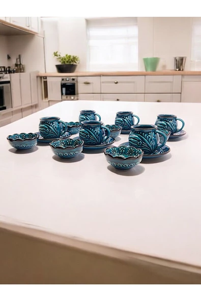 sharpart Sharp&art 6 Kişilik Mavi Ve Yeşil, El Işlemesi Kabartma Desenli Kahve Fincanı Ve Lokum Kasesi - 2