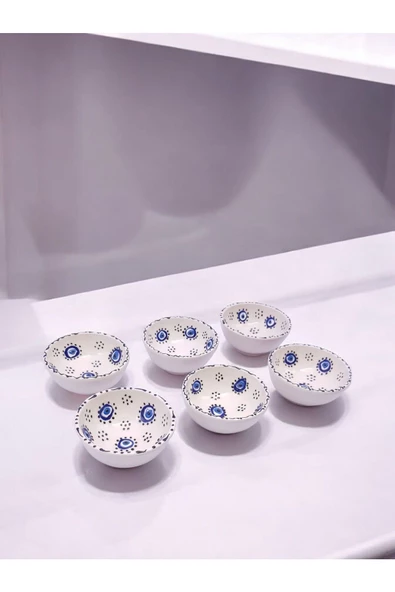 sharp&art 6 LI PAPATYA VE NAZAR BONCUĞU DESENLİ %100 GERÇEK EL İŞLEMESİ 8 CM KASE SETİ