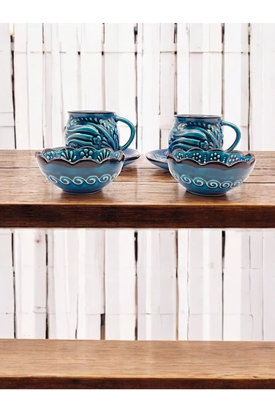 sharpart Sharp&art 2 Kişilik Mavi Ve Yeşil, El Işlemesi Kabartma Desenli Kahve Fincanı Ve Lokum Kasesi - 4
