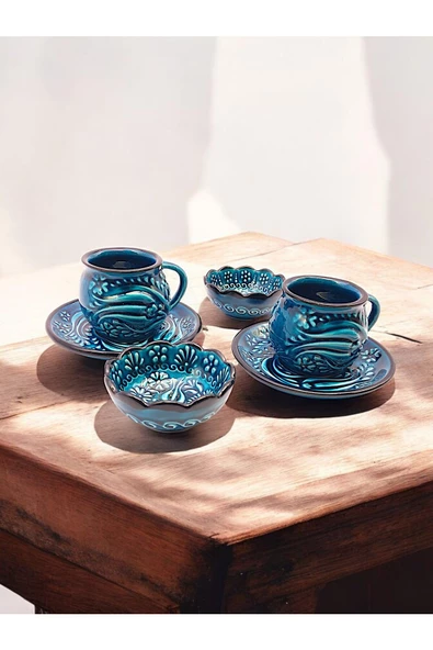 sharpart Sharp&art 2 Kişilik Mavi Ve Yeşil, El Işlemesi Kabartma Desenli Kahve Fincanı Ve Lokum Kasesi - 5