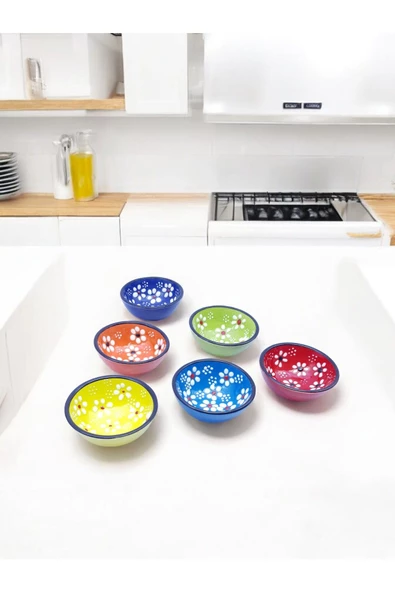 sharp&art Papatya Ve Nazar Boncuğu Desenli %100 Gerçek El Işlemesi 6 Lı 8 Cm Kase Seti - 5