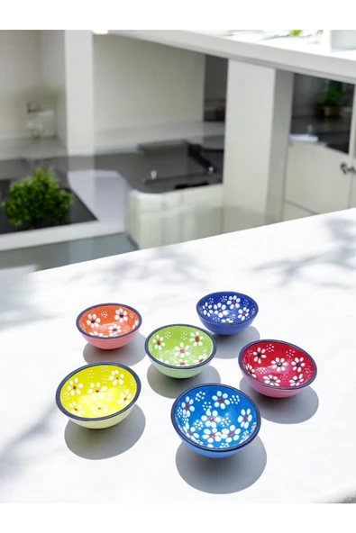 sharp&art Papatya Ve Nazar Boncuğu Desenli %100 Gerçek El Işlemesi 6 Lı 8 Cm Kase Seti - 4