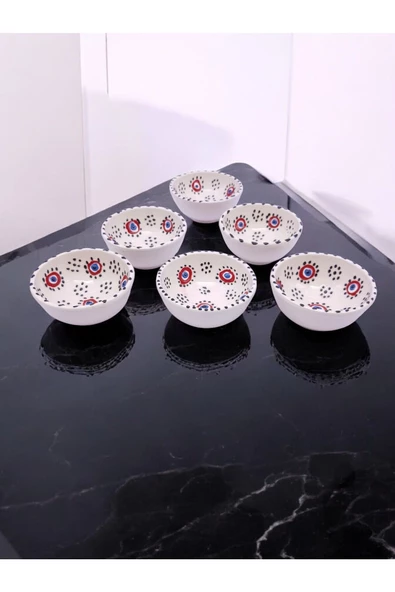 sharp&art  6 LI PAPATYA VE NAZAR BONCUĞU DESENLİ %100 GERÇEK EL İŞLEMESİ 8 CM KASE SETİ - 2