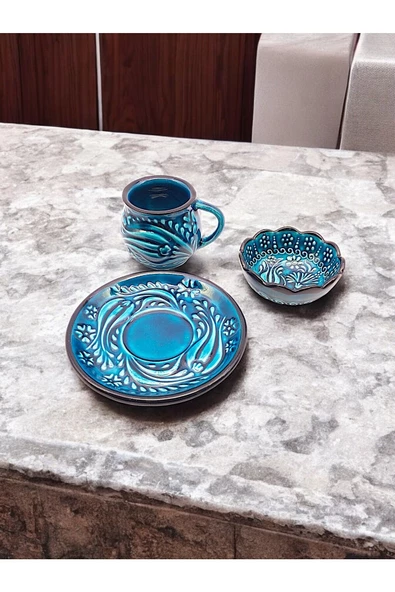 sharpart Sharp&art 6 Kişilik Mavi Ve Yeşil, El Işlemesi Kabartma Desenli Kahve Fincanı Ve Lokum Kasesi - 3