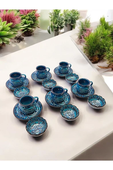 sharpart Sharp&art 6 Kişilik Mavi Ve Yeşil, El Işlemesi Kabartma Desenli Kahve Fincanı Ve Lokum Kasesi - 5