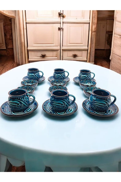 sharpart Sharp&art 6 Kişilik Mavi Ve Yeşil, El Işlemesi Kabartma Desenli Kahve Fincanı Ve Lokum Kasesi - 7