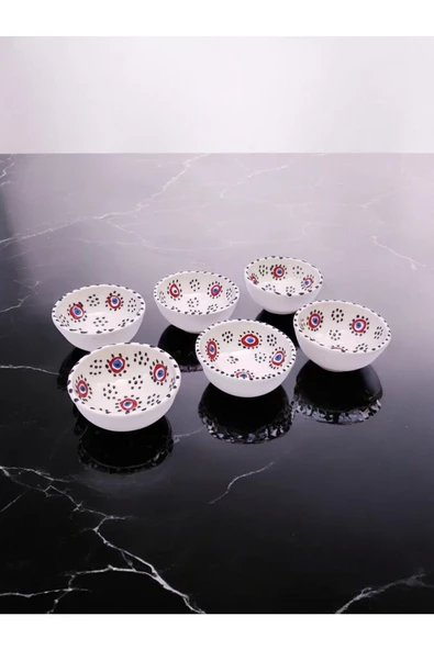 sharp&art  6 LI PAPATYA VE NAZAR BONCUĞU DESENLİ %100 GERÇEK EL İŞLEMESİ 8 CM KASE SETİ - 5