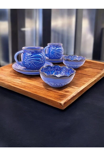 sharpart Sharp&art 2 Kişilik Mavi Ve Yeşil, El Işlemesi Kabartma Desenli Kahve Fincanı Ve Lokum Kasesi - 3