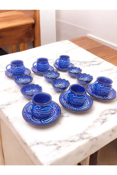 sharpart Sharp&art 6 Kişilik Mavi Ve Yeşil, El Işlemesi Kabartma Desenli Kahve Fincanı Ve Lokum Kasesi