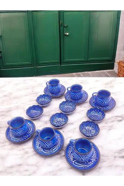 sharpart Sharp&art 6 Kişilik Mavi Ve Yeşil, El Işlemesi Kabartma Desenli Kahve Fincanı Ve Lokum Kasesi - 8