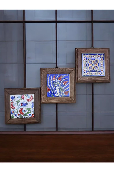 sharp&art  Ahşap Çerçeveli Çini Desenli 15-15 Cm Karo Duvar Süsü,3 Lü Ve Tekli Seçenekler Ile...
