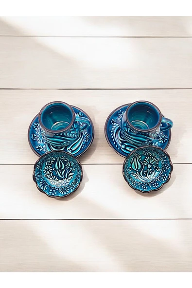 sharpart Sharp&art 2 Kişilik Mavi Ve Yeşil, El Işlemesi Kabartma Desenli Kahve Fincanı Ve Lokum Kasesi - 7