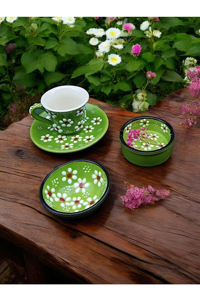 sharp&art  El Işlemesi, Papatya Desenli Kahve Fincanı, Küllük Ve Lokum Kasesi,6 Farklı Renk Seçeneği