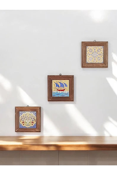 sharp&art  Ahşap Çerçeveli Çini Desenli 15-15 Cm Karo Duvar Süsü,3 Lü Ve Tekli Seçenekler Ile... - 5