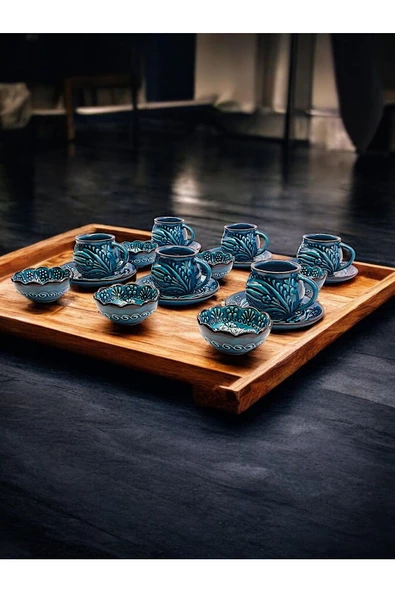 sharpart Sharp&art 6 Kişilik Mavi Ve Yeşil, El Işlemesi Kabartma Desenli Kahve Fincanı Ve Lokum Kasesi - 6