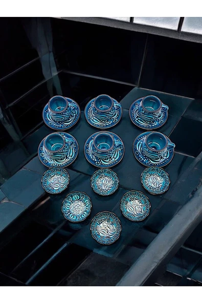 sharpart Sharp&art 6 Kişilik Mavi Ve Yeşil, El Işlemesi Kabartma Desenli Kahve Fincanı Ve Lokum Kasesi