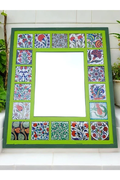sharp&art  Çini Desenli 18 Parça Karo Çerçeveli (35-30 CM) Ahşap Dekoratif Ayna,6 Farklı Renk Seçeneği Ile... - 2