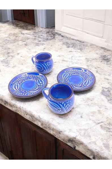 sharpart Sharp&art 2 Kişilik Mavi Ve Yeşil, El Işlemesi Kabartma Desenli Kahve Fincanı Ve Lokum Kasesi - 5