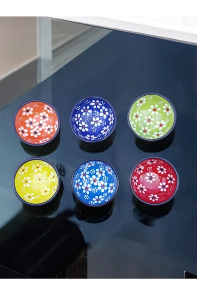 sharp&art Papatya Ve Nazar Boncuğu Desenli %100 Gerçek El Işlemesi 6 Lı 8 Cm Kase Seti