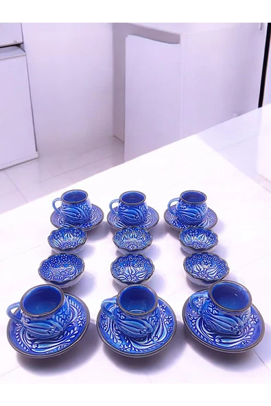 sharpart Sharp&art 6 Kişilik Mavi Ve Yeşil, El Işlemesi Kabartma Desenli Kahve Fincanı Ve Lokum Kasesi - 5