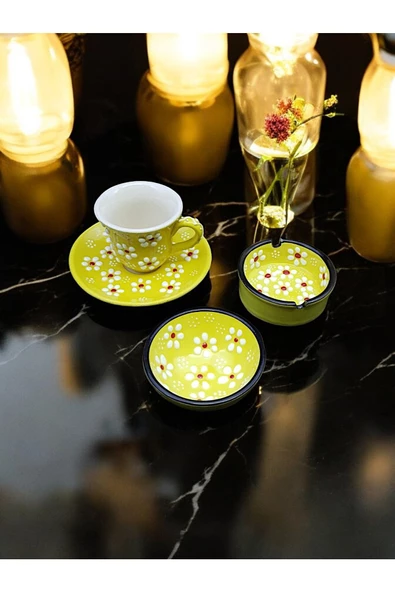 sharp&art  El Işlemesi, Papatya Desenli Kahve Fincanı, Küllük Ve Lokum Kasesi,6 Farklı Renk Seçeneği
