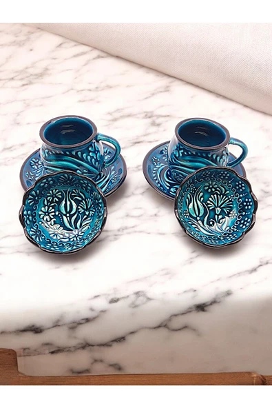 sharpart Sharp&art 2 Kişilik Mavi Ve Yeşil, El Işlemesi Kabartma Desenli Kahve Fincanı Ve Lokum Kasesi - 3