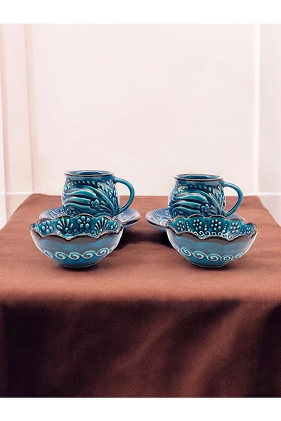 sharpart Sharp&art 2 Kişilik Mavi Ve Yeşil, El Işlemesi Kabartma Desenli Kahve Fincanı Ve Lokum Kasesi - 6