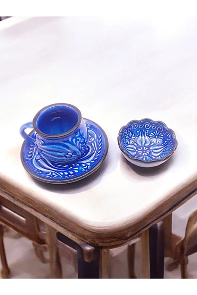 sharpart Sharp&art 6 Kişilik Mavi Ve Yeşil, El Işlemesi Kabartma Desenli Kahve Fincanı Ve Lokum Kasesi - 3