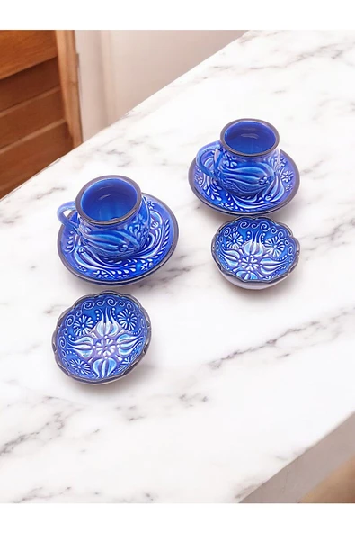 sharpart Sharp&art 2 Kişilik Mavi Ve Yeşil, El Işlemesi Kabartma Desenli Kahve Fincanı Ve Lokum Kasesi - 4