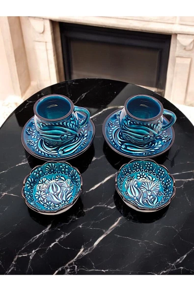 sharpart Sharp&art 2 Kişilik Mavi Ve Yeşil, El Işlemesi Kabartma Desenli Kahve Fincanı Ve Lokum Kasesi