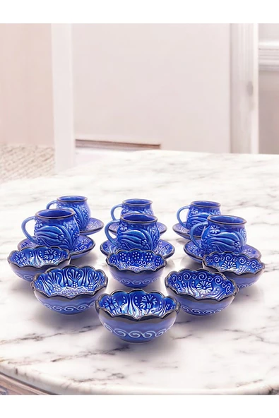 sharpart Sharp&art 6 Kişilik Mavi Ve Yeşil, El Işlemesi Kabartma Desenli Kahve Fincanı Ve Lokum Kasesi - 6