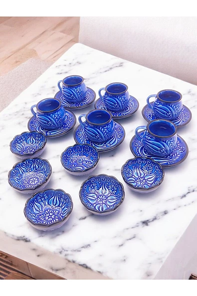 sharpart Sharp&art 6 Kişilik Mavi Ve Yeşil, El Işlemesi Kabartma Desenli Kahve Fincanı Ve Lokum Kasesi - 4