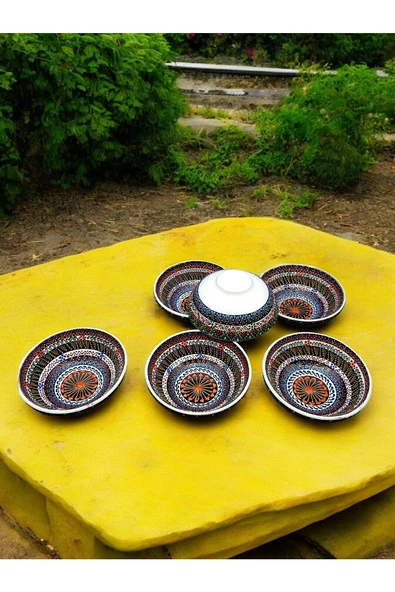 sharpart 6 Parça Seramik El Işlemesi Otantik Desen Serisi Lüks Kase Seti