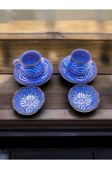 sharpart Sharp&art 2 Kişilik Mavi Ve Yeşil, El Işlemesi Kabartma Desenli Kahve Fincanı Ve Lokum Kasesi