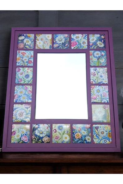 sharp&art  Çini Desenli 18 Parça Karo Çerçeveli (35-30 CM) Ahşap Dekoratif Ayna,6 Farklı Renk Seçeneği İle... - 2