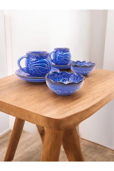 sharpart Sharp&art 2 Kişilik Mavi Ve Yeşil, El Işlemesi Kabartma Desenli Kahve Fincanı Ve Lokum Kasesi - 8