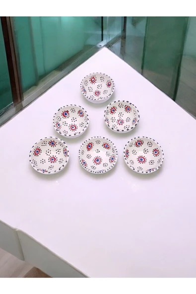 sharp&art  6 LI PAPATYA VE NAZAR BONCUĞU DESENLİ %100 GERÇEK EL İŞLEMESİ 8 CM KASE SETİ - 3