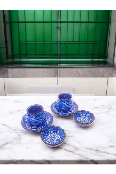 sharpart Sharp&art 2 Kişilik Mavi Ve Yeşil, El Işlemesi Kabartma Desenli Kahve Fincanı Ve Lokum Kasesi - 6