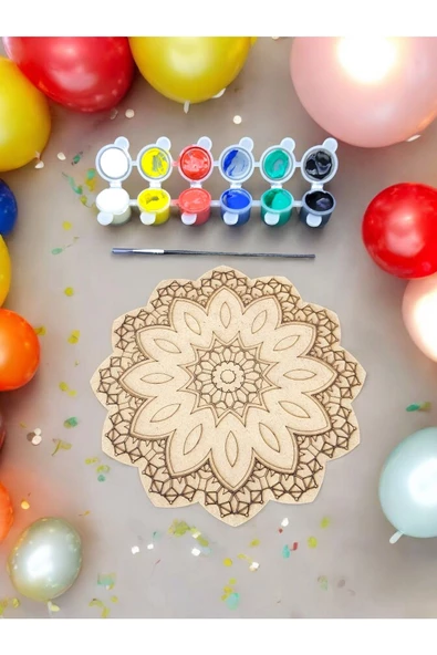 sharp&art  12 Farklı Model 20 Cm Ahşap Mandala,okul Aktivite,sanatsal Eğitim Hobi Seti (6LI BOYA VE FIRÇA SETİ) - 2