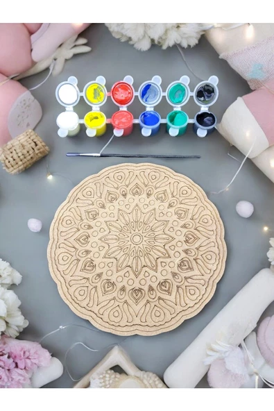 sharp&art  12 Farklı Model 20 Cm Ahşap Mandala,okul Aktivite,sanatsal Eğitim Hobi Seti (6LI BOYA VE FIRÇA SETİ) - 2