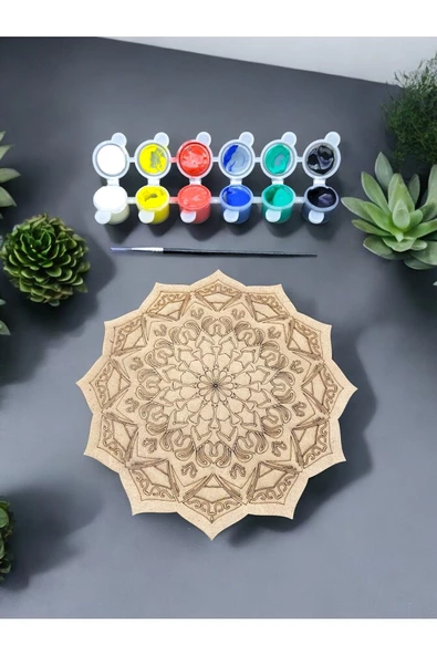 sharp&art  12 Farklı Model 20 Cm Ahşap Mandala,okul Aktivite,sanatsal Eğitim Hobi Seti (6LI BOYA VE FIRÇA SETİ) - 2