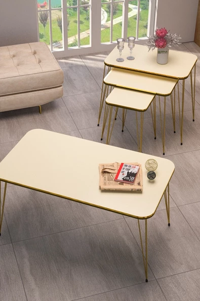 Gold Falez Zigon Sehpa Kr Ve Orta Sehpa Kr Set Çift Gold Krem Tel 1114 - Resim 2