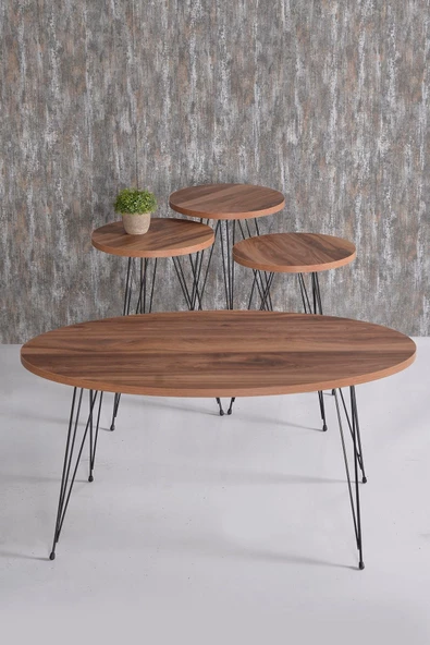 Gold Falez Orta Sehpa Ve Zigon Sehpa Ceviz Set Tel Ayak Elips ürün görseli 1