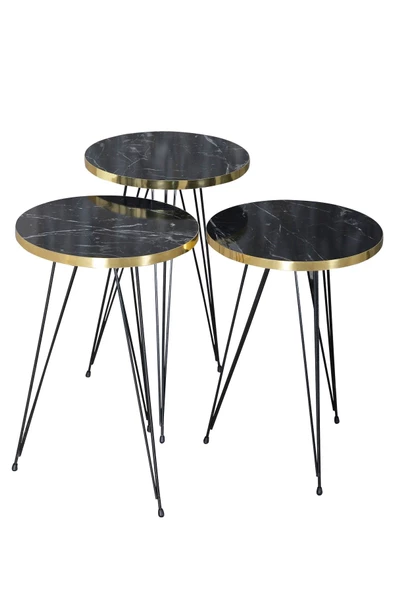 Gold Falez Zigon Sehpa Ve Orta Sehpa Kr Set Siyah Ayak Altın Bendir Tel - Resim 7