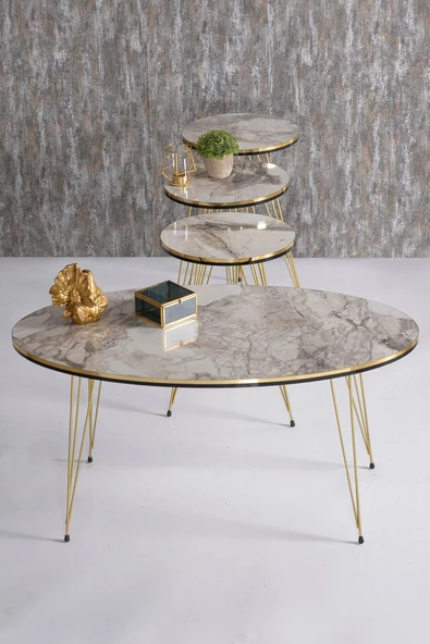 Gold Falez Zigon Sehpa ve Orta Sehpa Elips Set Çift Gold Efes Tel - Resim 4